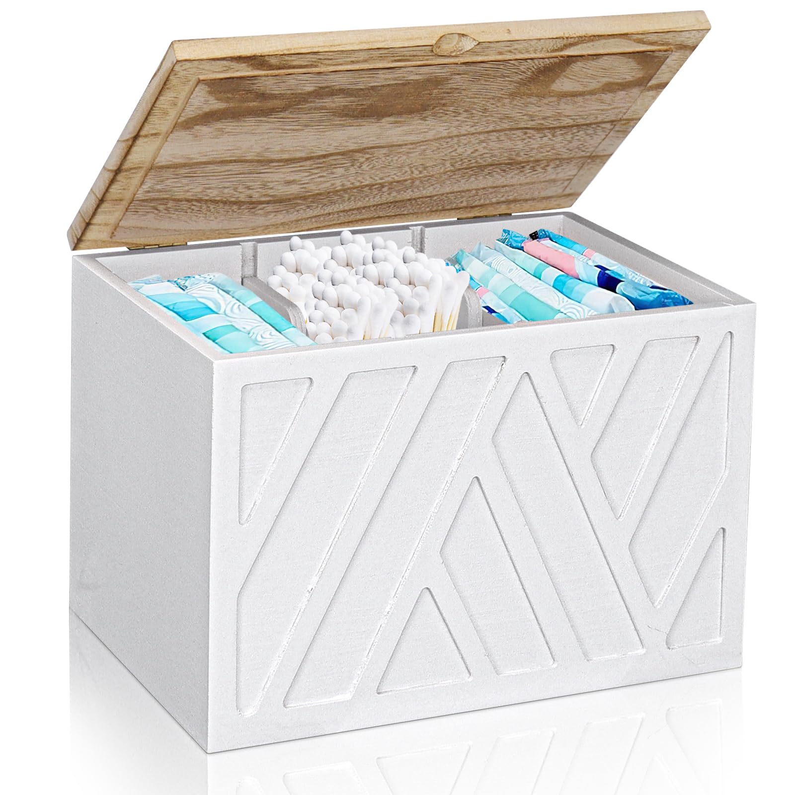 LYCN Tampon Holder for Bathroom, Wood Feminine Products Organizer with Lid, Shark Week Tampon Storage Pad and Tampon Organizer Bathroom Accessories Box for Girl Stuff（21.8 x 15.8 x 14.7 cm）