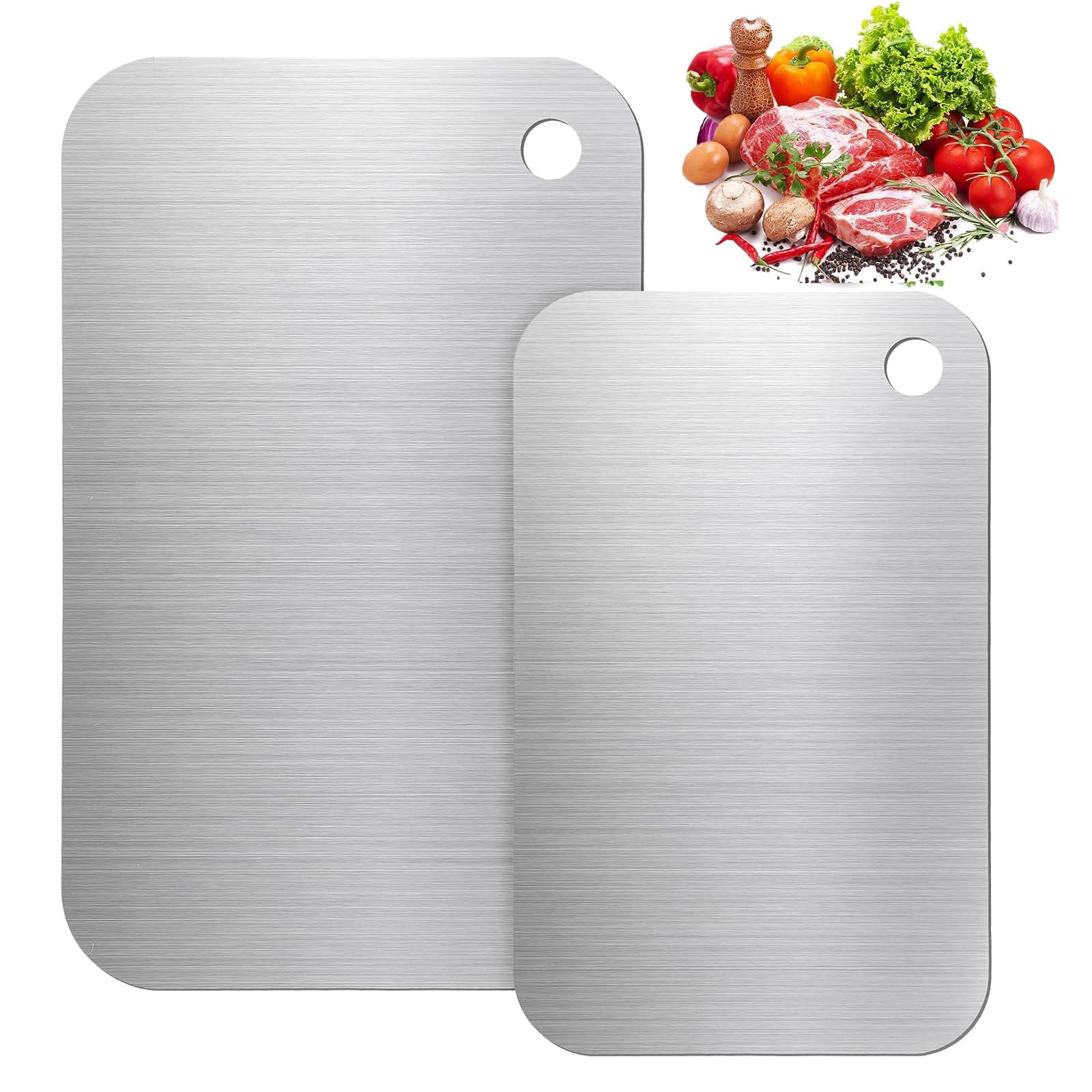 2 Pcs Stainless Steel Cutting Board Set, 15x25cm & 20x30cm Metal Chopping Board โ Food Grade Steel Cutting Board for Kitchen, Reusable Meat Chopping Board & Stainless Steel Chopping Board