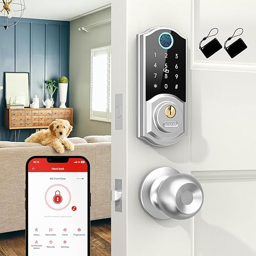SMONET - Cerradura de puerta de entrada sin llave con asa  Juego de cerrojo para puerta delantera con perillas, teclado digital inteligente