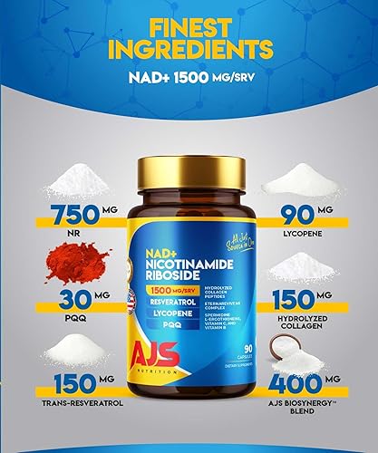 Miniatura 3 de AJS NAD+ Cellular Energy - Suplemento NR con PQQ, resveratrol, licopeno, espermidina, L-ergotioneína y péptidos de colágeno, 90 cápsulas para apoyo