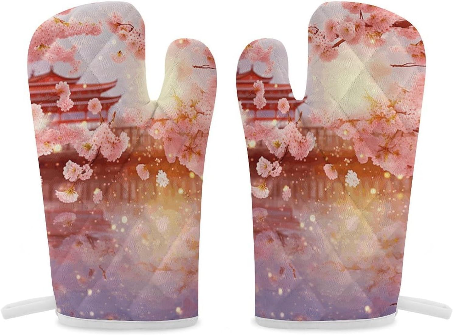 2 Pcs Oven Mitts Heat Resistant Kitchen Gloves Soft Safety Cherry Blossoms Oven Glove for Microwave, Barbecue