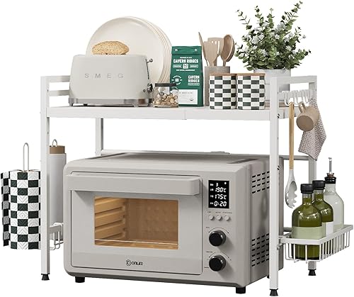 Miniatura 14 de NETEL Soporte extensible para microondas, estante organizador de 2 niveles de metal para encimera de cocina con 8 ganchos, estante para panaderos,