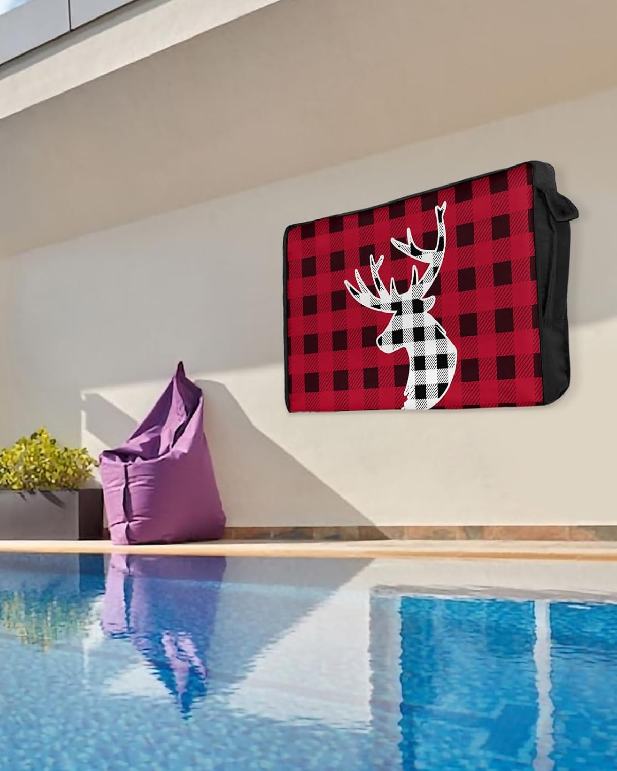 Outdoor TV Cover - Black and Red Plaid Forest Animal Deer Head Waterproof and Weatherproof 30"-32" LCD Movable Shield TV Display Screen Protector Outside Television Covers