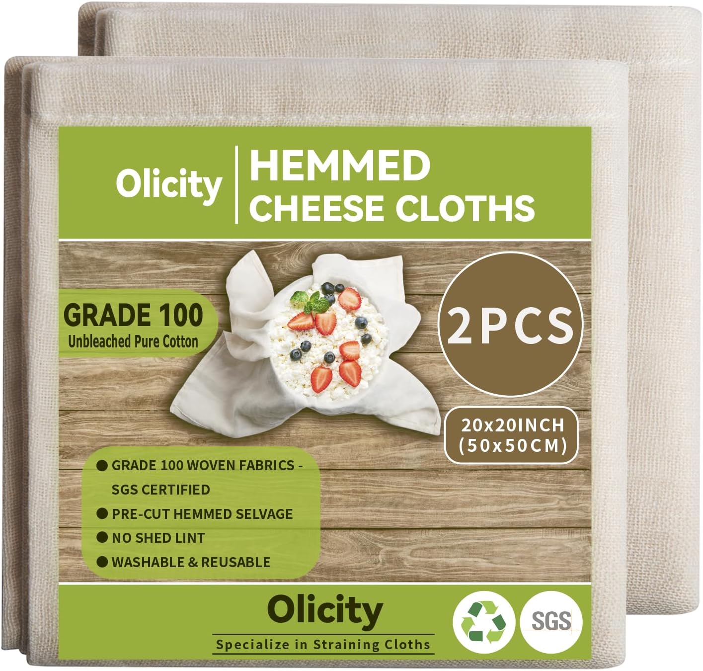 Olicity Cheesecloth, Grade 100, 20x20Inch Hemmed Cheese Cloths for Straining Reusable, 100% Unbleached Cheese Cloth Muslin Cloth for Cooking, Straining, Jelly Making, Cheese Making - 2 Pieces, 20-S