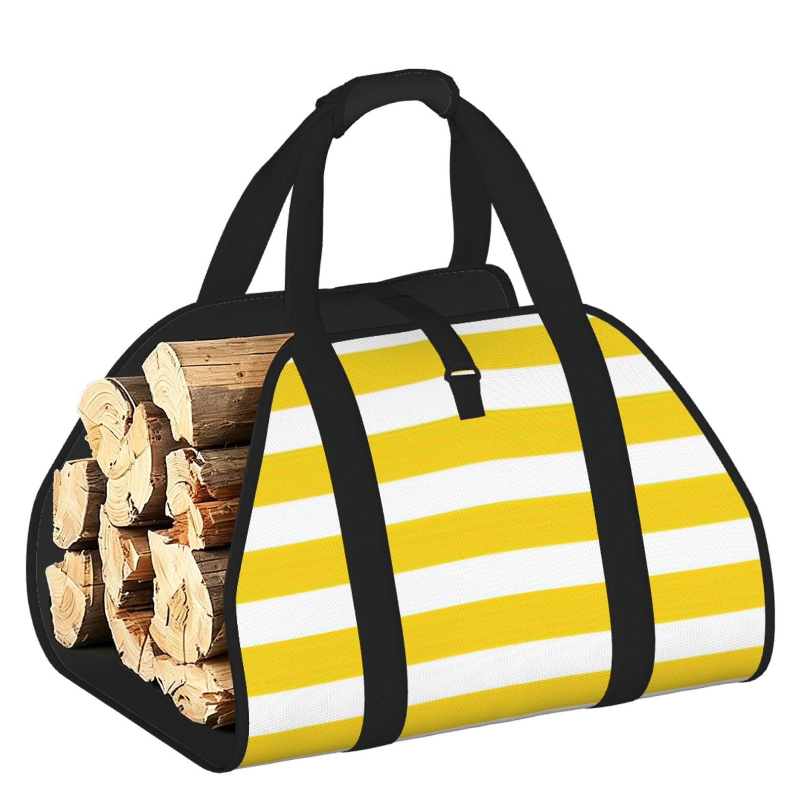 Ayyqwe Black Lemon Zest Yellow Stripes Pattern Print Firewood Bag Wood Waterproof Versatile Camping Picnic Storage Daily Home