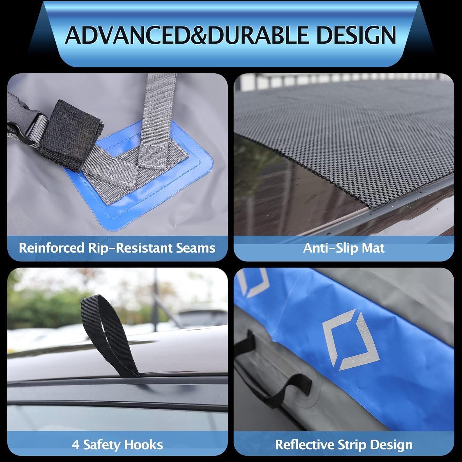 Rooftop Cargo Carrier Bag, 15 Cubic Feet Heavy Duty 100% Waterproof Rooftop Car Bag,Fits for All Cars with/Without Rack, Includes Anti-Slip Mat, 8 Door Hooks, Storage Bag