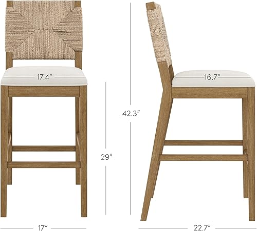 Miniatura 2 de Nathan James Beacon Taburete de bar bohemio Boucle con respaldo, silla de isla de cocina altura de barra, taburete de bar Seagrass, color crema