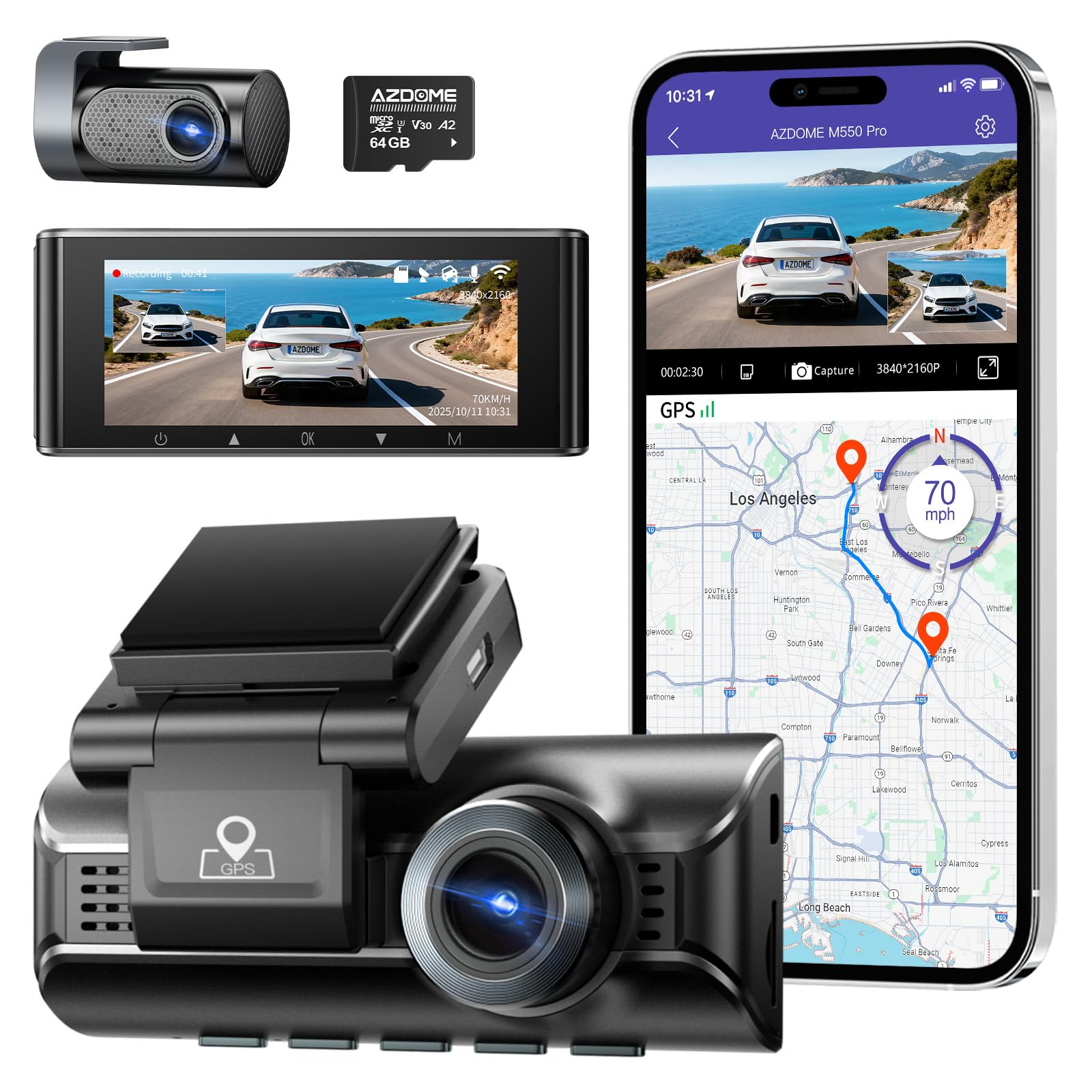 AZDOME Dashcam 4K+2.5K Delantera y Trasera con,Pantalla IPS de 3,18 Pulgadas dash cam coche, Tarjeta de 64 GB, WiFi de 5,8 GHz, GPS, WDR Gran Angular de 170°, Admite hasta 256 GB (M550 Pro)