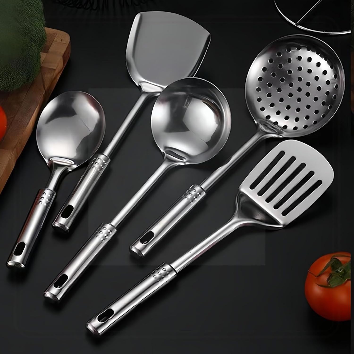 304ステンレス製キッチンツールセット・7点組 | シンクサポート対応・ライススプーン/スキマー/フラットスパチュラ/ミートフォーク