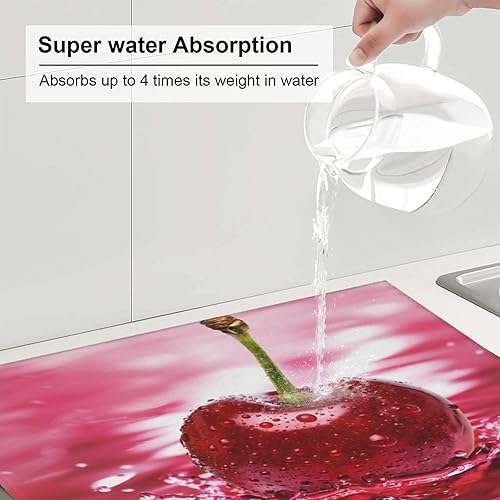 Miniatura 5 de Tapete de secado de platos con diseño de cerezas rojas para cocina, ultra absorbente, tapete escurridor de microfibra, tapete de café grande para