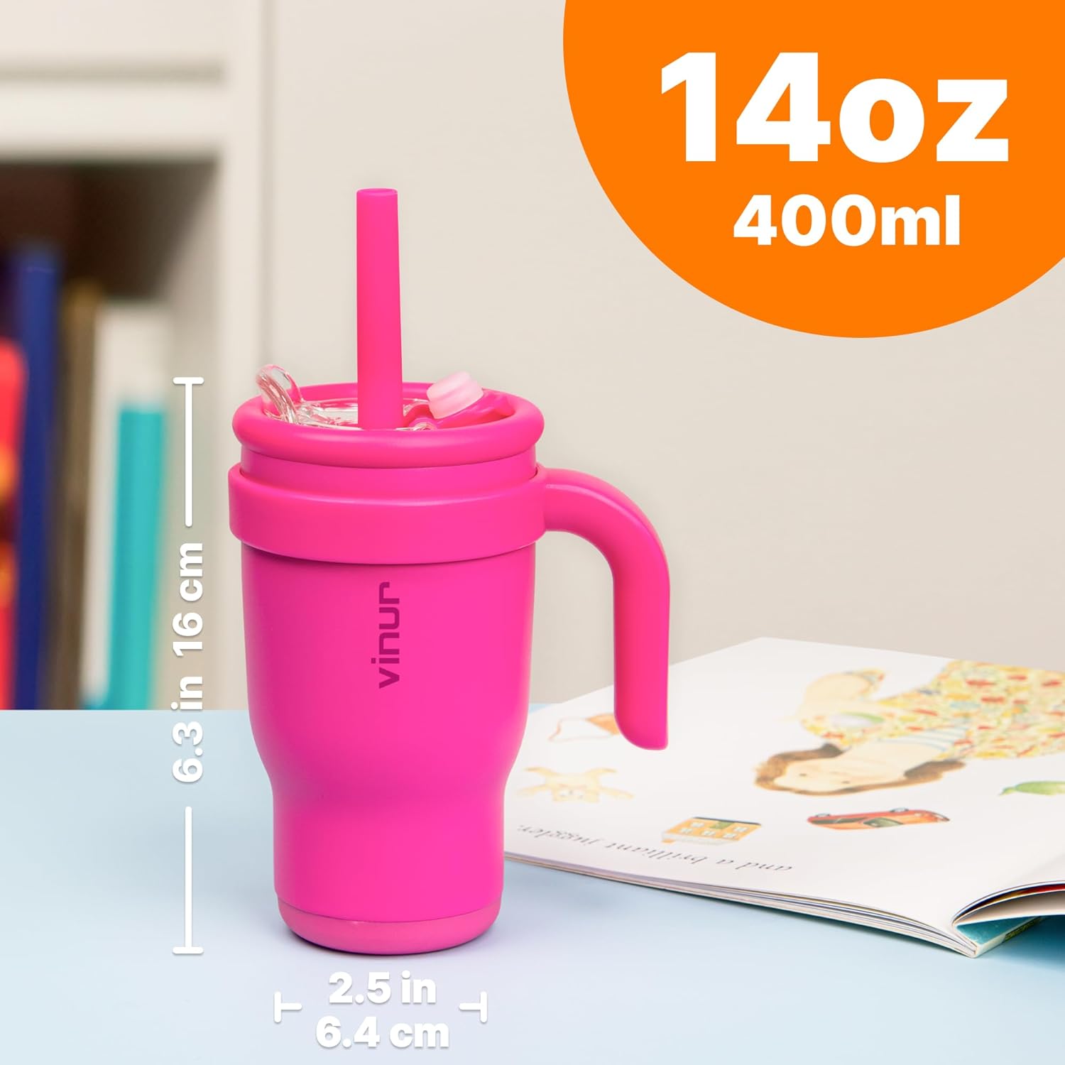 VINUR 14 oz Kids Tumbler with Handle Stainless Steel Double Wall Vacuum Insulated Tumbler Travel Water Drink Cup with Lid and Straw(Rose Pink) - Image 7