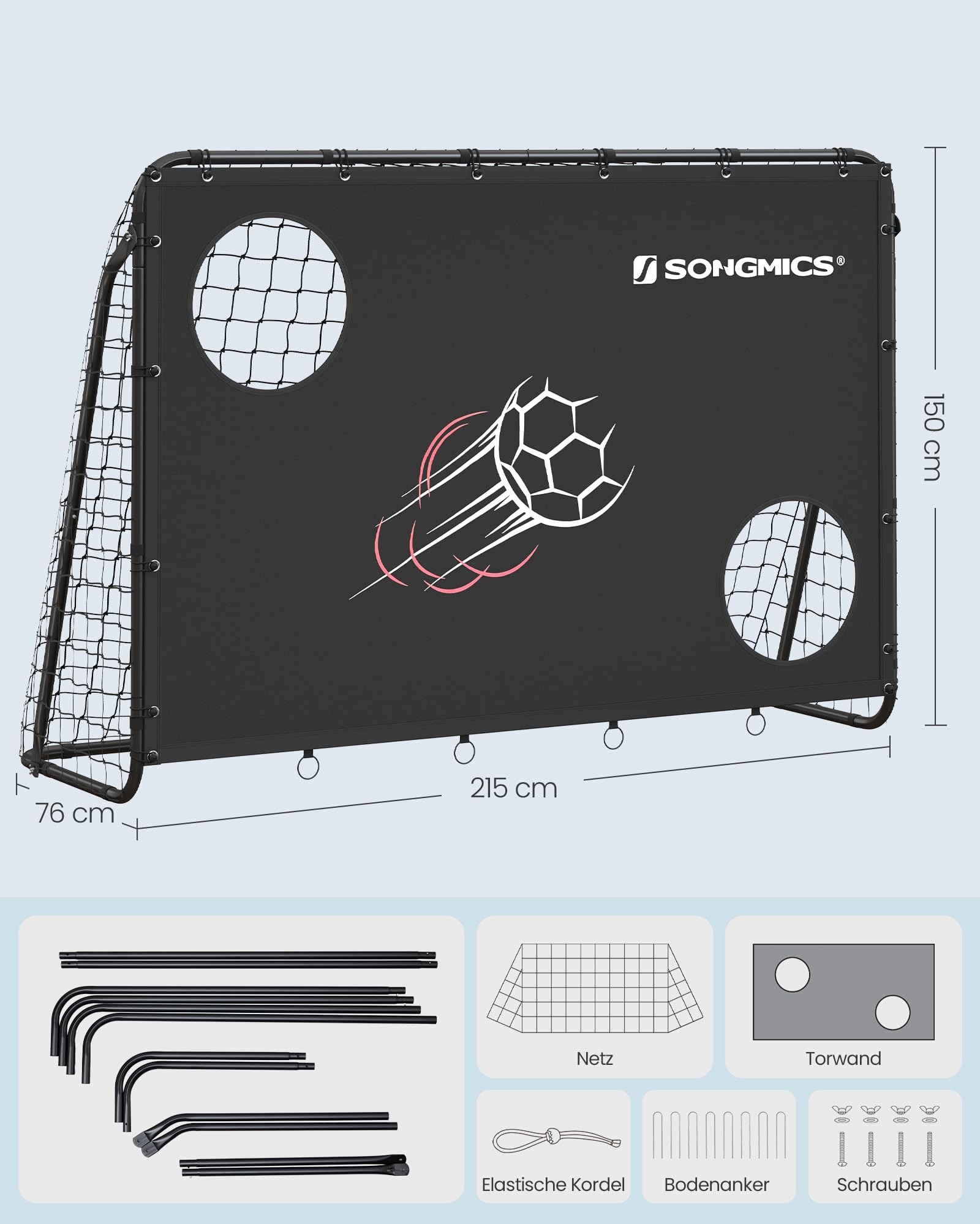 SONGMICS Fußballtor, mit Torwand, für alle Altersgruppen, Stahlrohre, PE-Netz, Outdoor, Garten, Strand