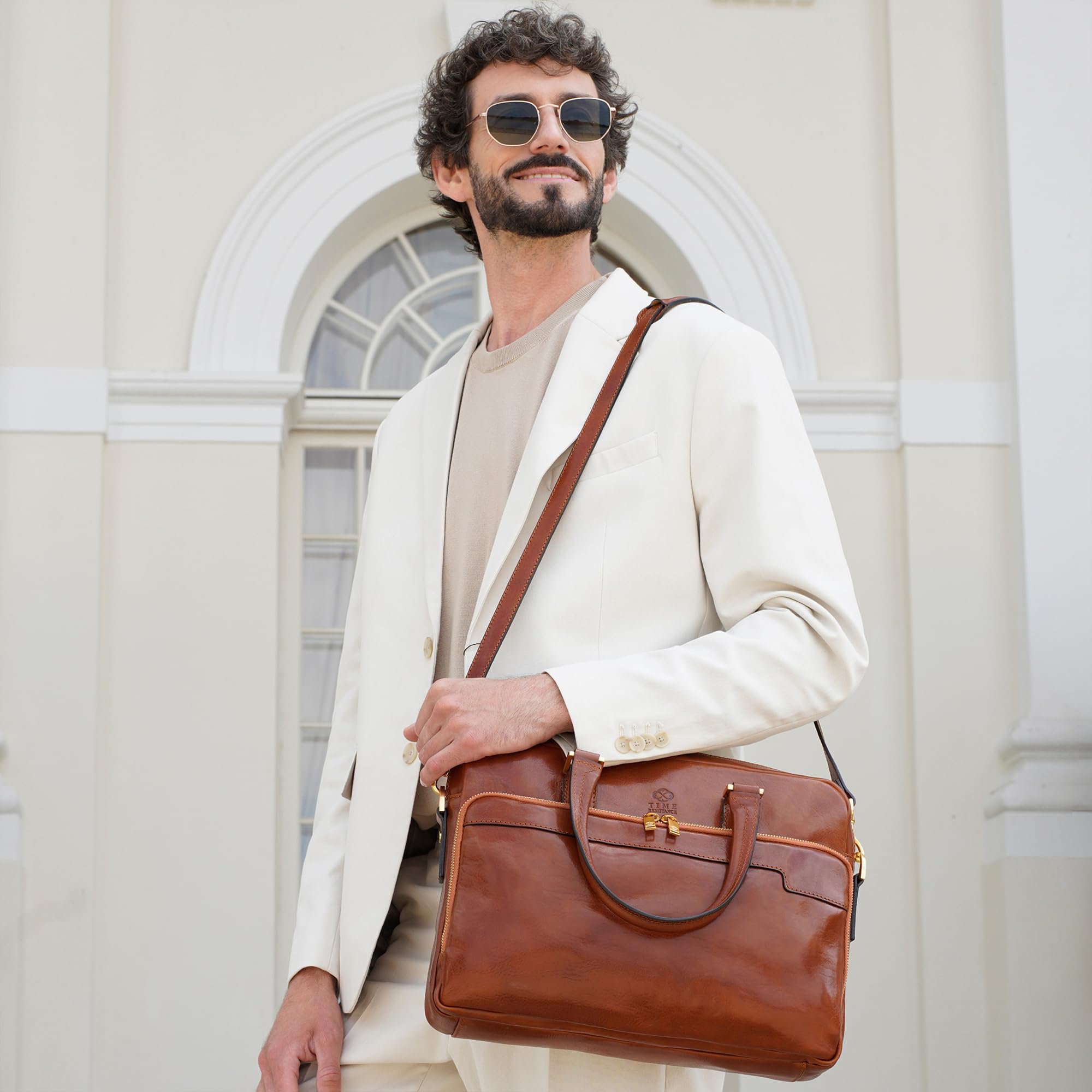 Time Resistance Aktentasche Leder Laptoptasche mit Schultergurt - Handgefertigt in Italien - Arbeitstasche - Businesstasche - Umhängetasche