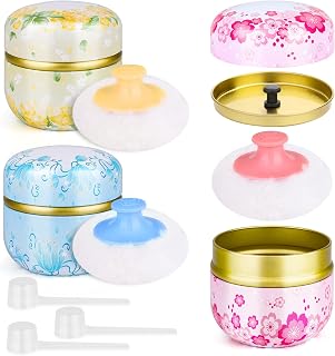 3 Pieces Body Powder Puff and Container, Baby Powder Container Floral Pattern with Large Fluffy Plush Puff Spoon, Baby Woman Loose Dusting Powder Tea Box for Home & Travel Use (Pink, Blue and Yellow)