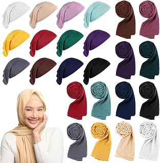24 Pcs Muslim Hijab Scarves for Women with Under Scarf Cap Chiffon Shawl Islamic Caps with Tie Back Closure