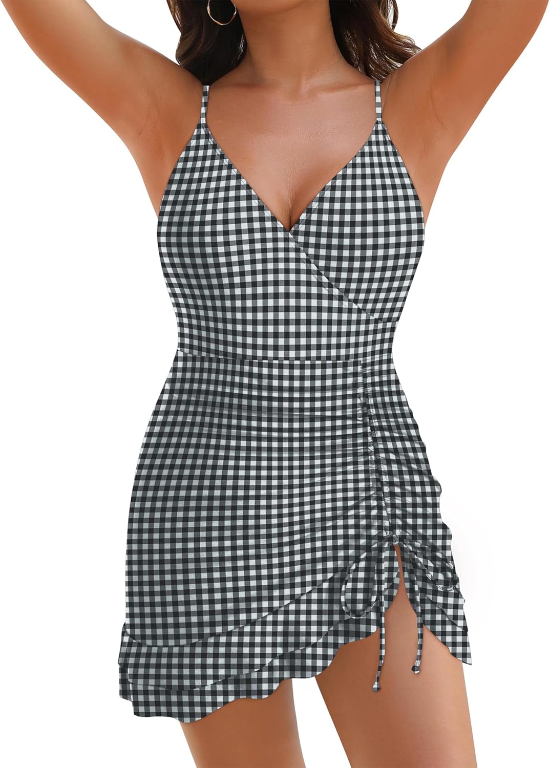 ZAFUL Womens One Piece Swimsuit Modest Tummy Control Bathing Suit Ruffle Swim Dress V Neck Drastring Swimwear