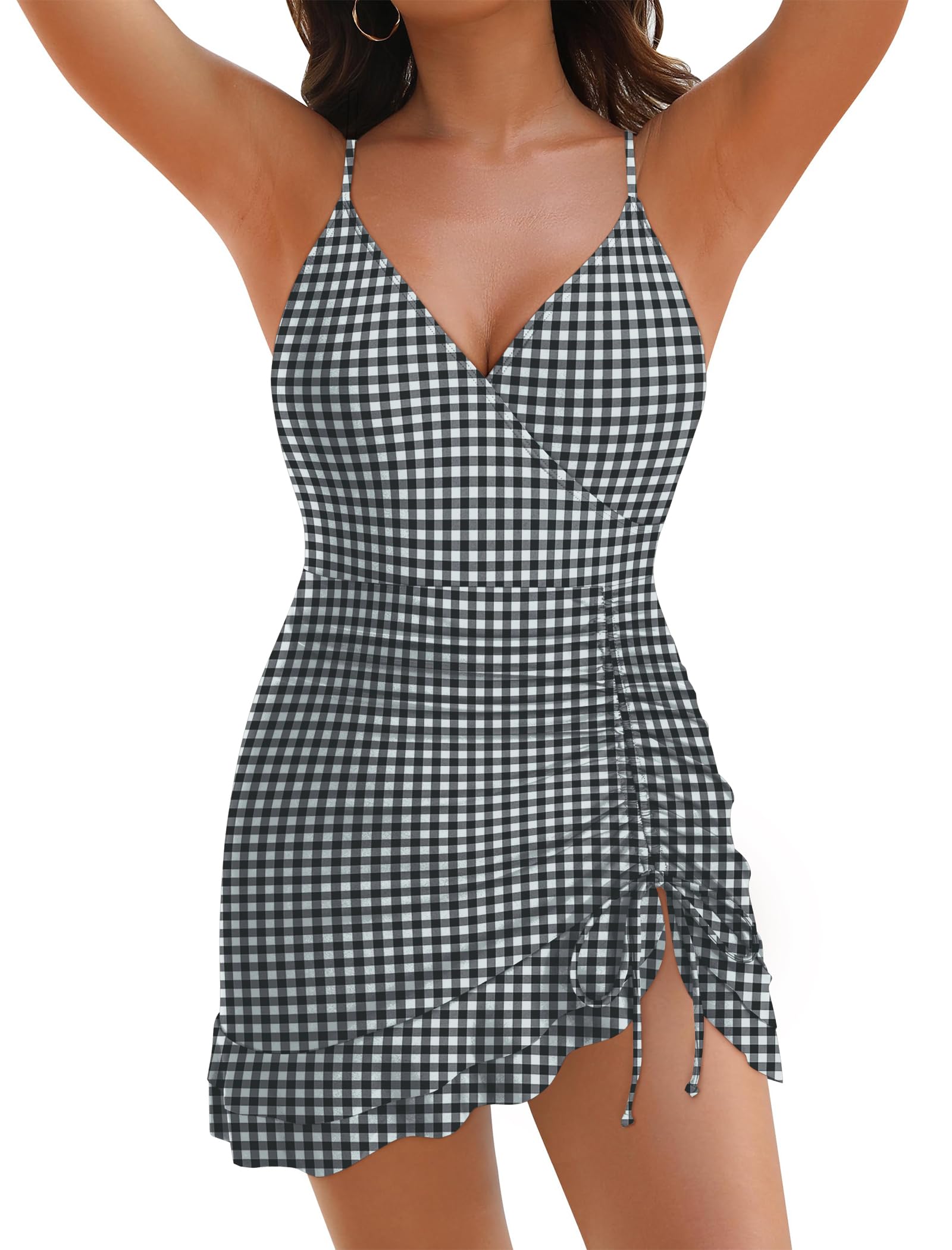 Womens One Piece Swimsuit Tummy Control Swim Dress Bathing Suit V Neck Drawstring Modest Swimwear 2026-image-46