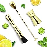 Barl&ouml;ffel St&ouml;&szlig;el aus Edelstahl, Cocktail-St&ouml;&szlig;el, R&uuml;hrl&ouml;ffel mit Stampfer, Jigger Dual Spirit Measure Cup, Bar Tool Essentials Set von 3 (Gold)