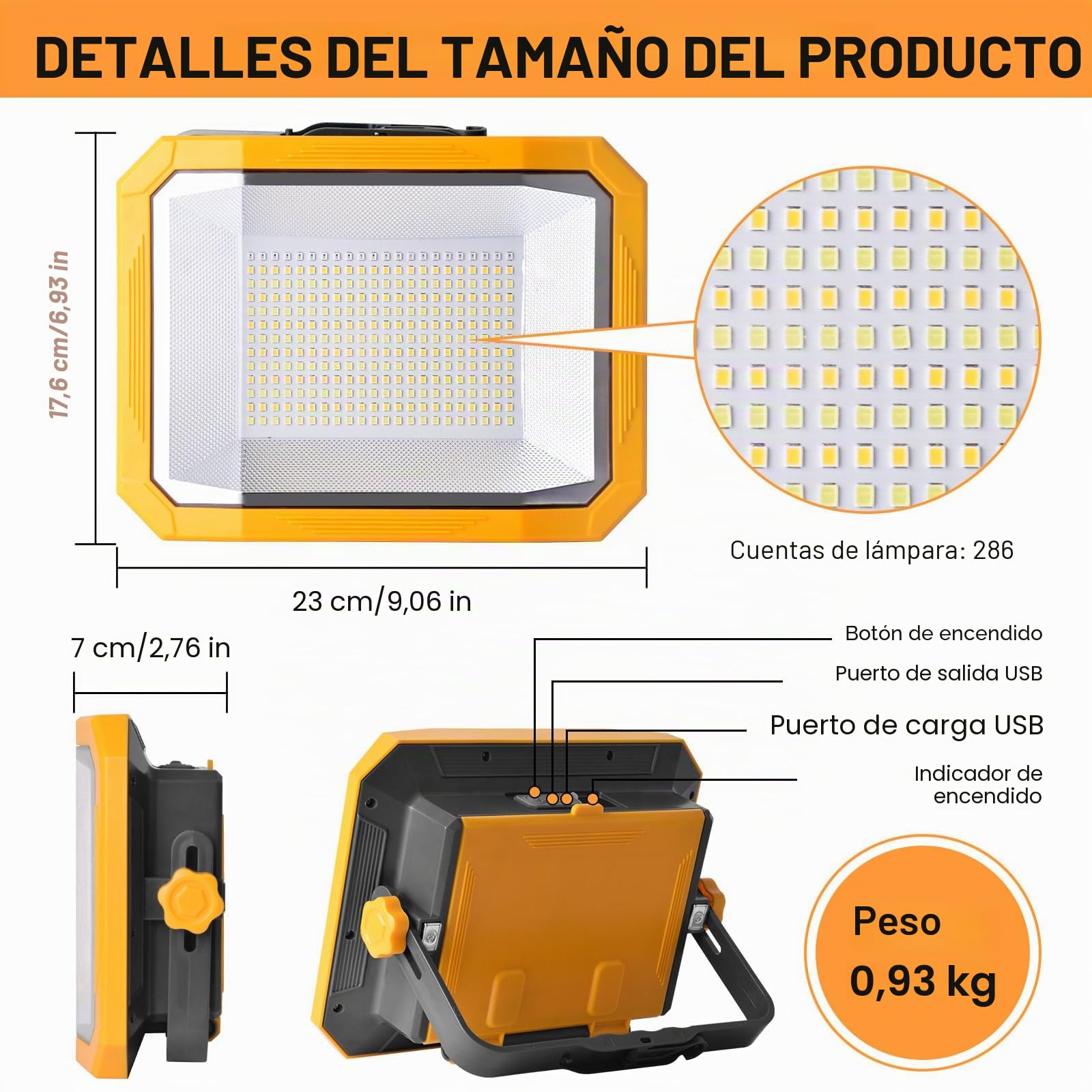 Foco Led Recargable 100W, Luz de Trabajo Portátil 12000LM Super Brillante 13000mAh con Panel Solar, 4 Modos de Luz, 2 Panel solar, Lámpara de Camping Portátil para Cortes de Energía, Camping