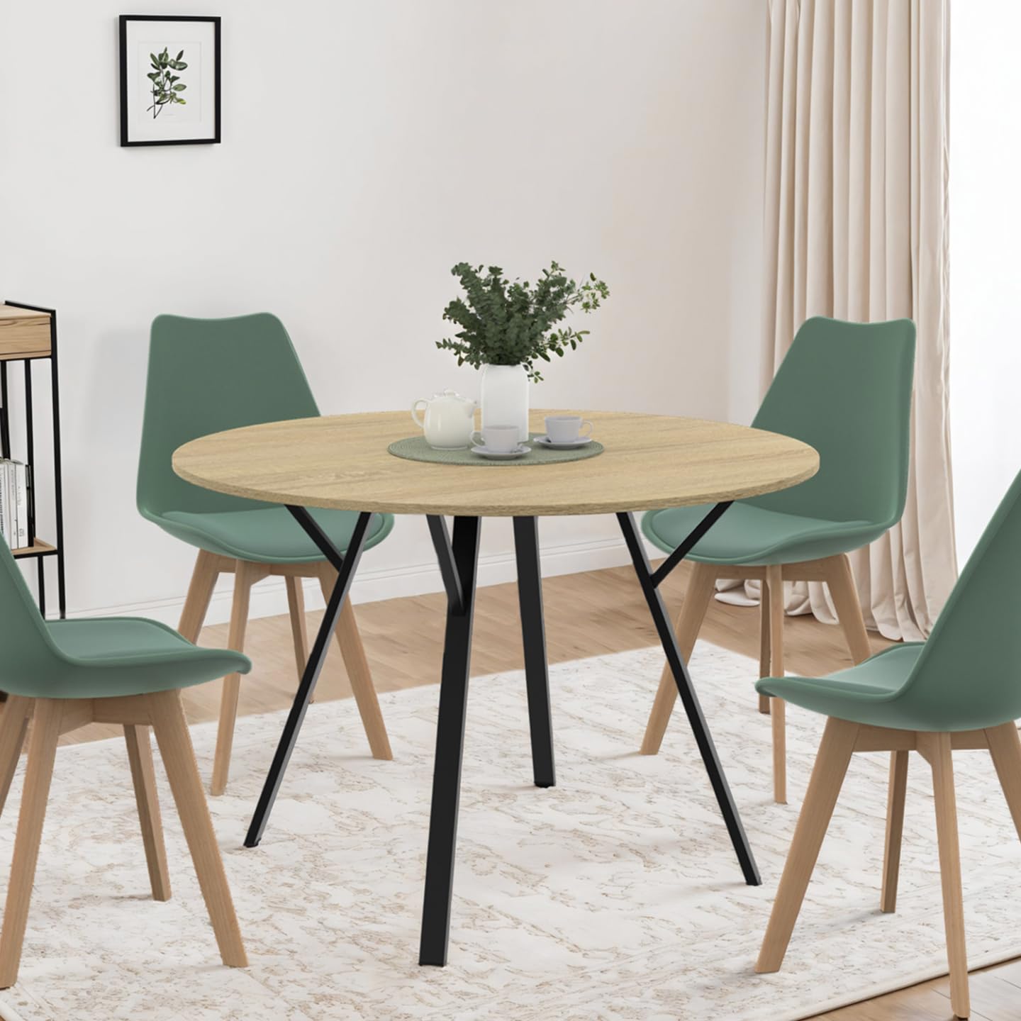 IDMarket YSEULT - Mesa de comedor redonda para 4-6 personas, madera y negro, diseño industrial 110 cm