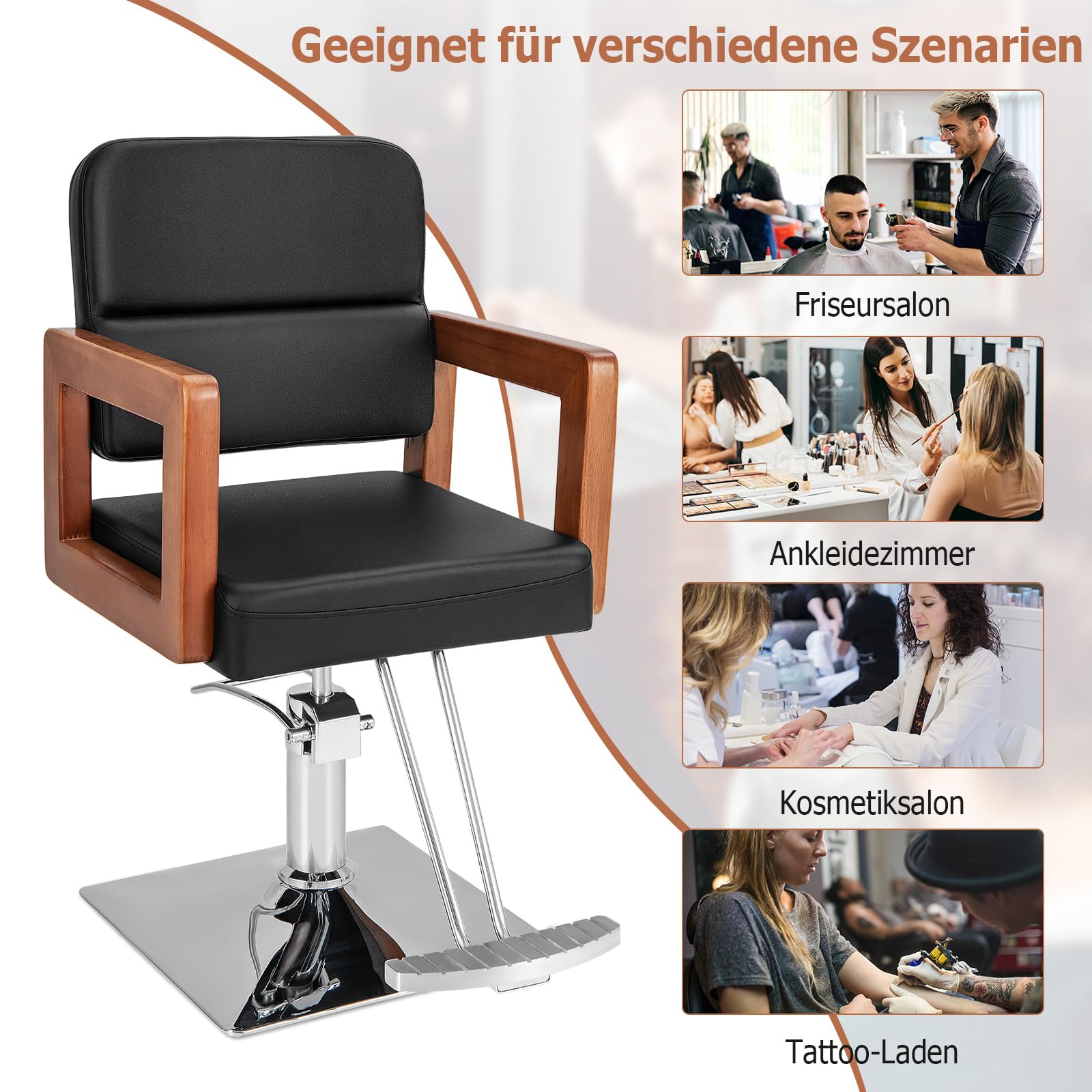 COSTWAY Friseurstuhl Sitzhöhe verstellbar von 50-65cm, Barbersessel belastbar bis 250 kg, Salonstuhl mit 360° Drehung, Hydraulischer Pumpe, Spa Friseursessel mit Holzarmlehnen