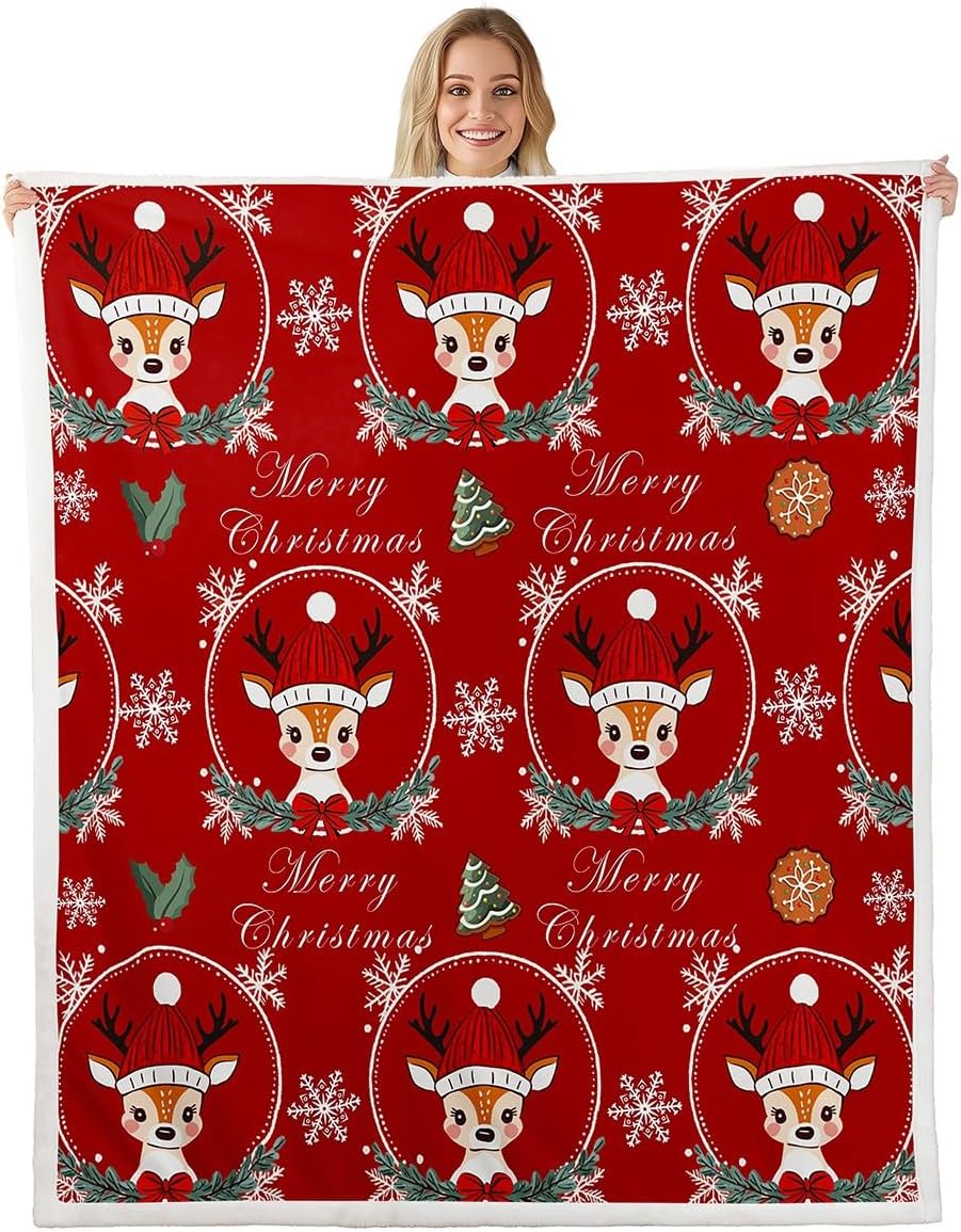Merry Christmas Kids Flannel Blanket,Cartoon Cute Deer Animal Print Fuzzy Blanket for Children,Xmas Kawaii Wild Animal Red Polyester Throw Blanket for Couch, Twin Size (60 x 80 Inch)
