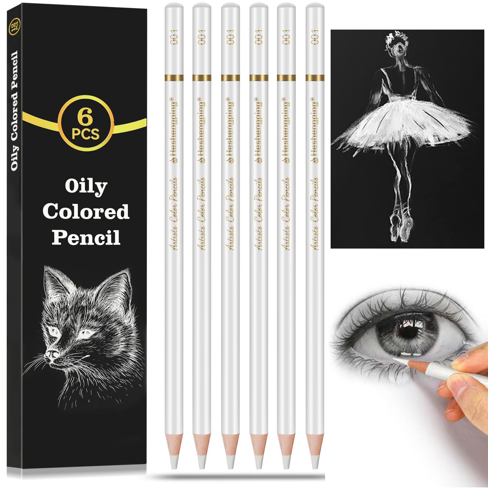 Lápices de carbón blanco, paquete de 6 lápices profesionales de carbón, lápices de dibujo blancos para bocetos, sombreado, mezcla, tiza para principiantes y artistas, suministros de arte para dibujar