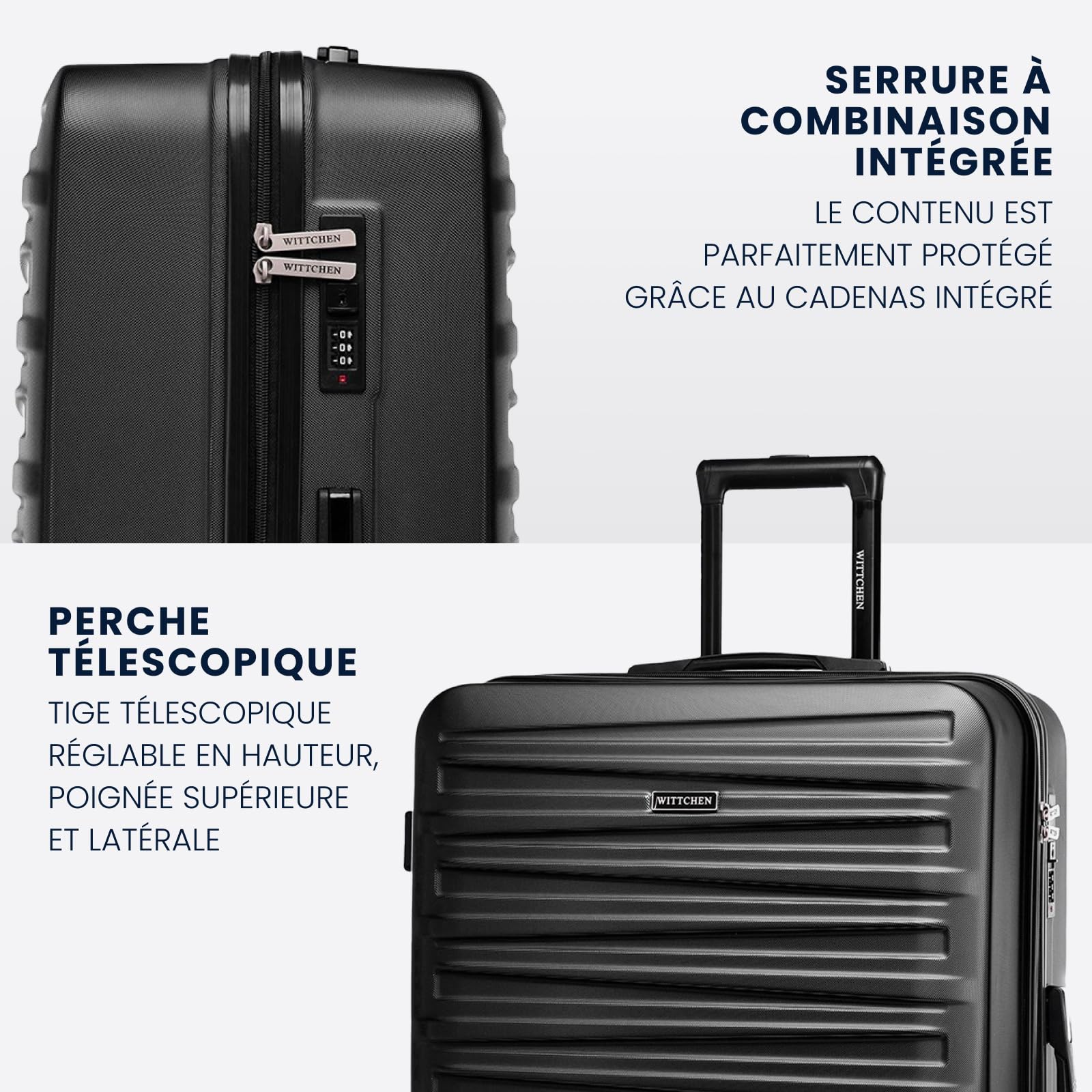 WITTCHEN Skyspeed Line Bagages Grande Valise Valise Rigide ABS Grande Valise à roulettes Trolley Check-in Bagages Serrure combinée Poignée télescopique 4 roulettes Noir Air France/Easyjet/Ryanair