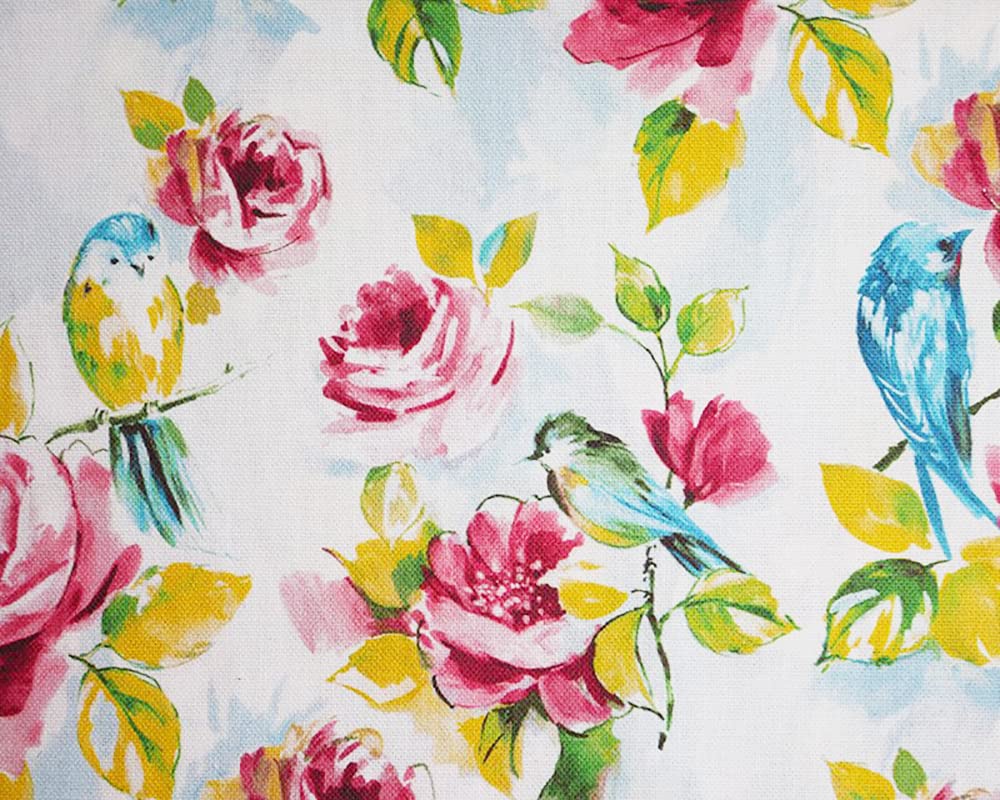 Glamour Secrets White 100% Cotton Canvas Fabric - Pink Roses & Birds On - Craft Fabric Material Metre
