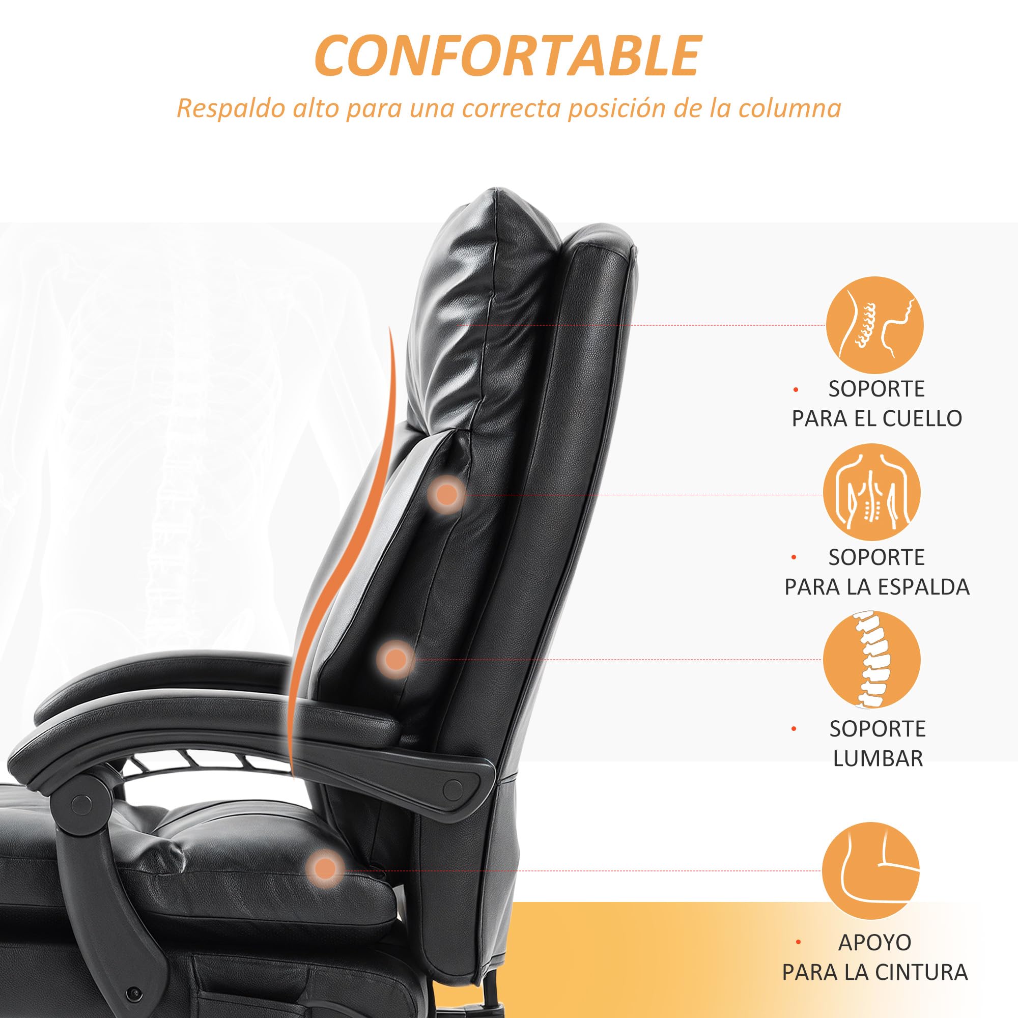 HOMCOM Silla de Escritorio con Soporte Lumbar Inflable, Tapizada en PU, Silla de Oficina Giratoria con Reposapiés, Respaldo Reclinable, Respaldo Alto, Altura Ajustable, Negro