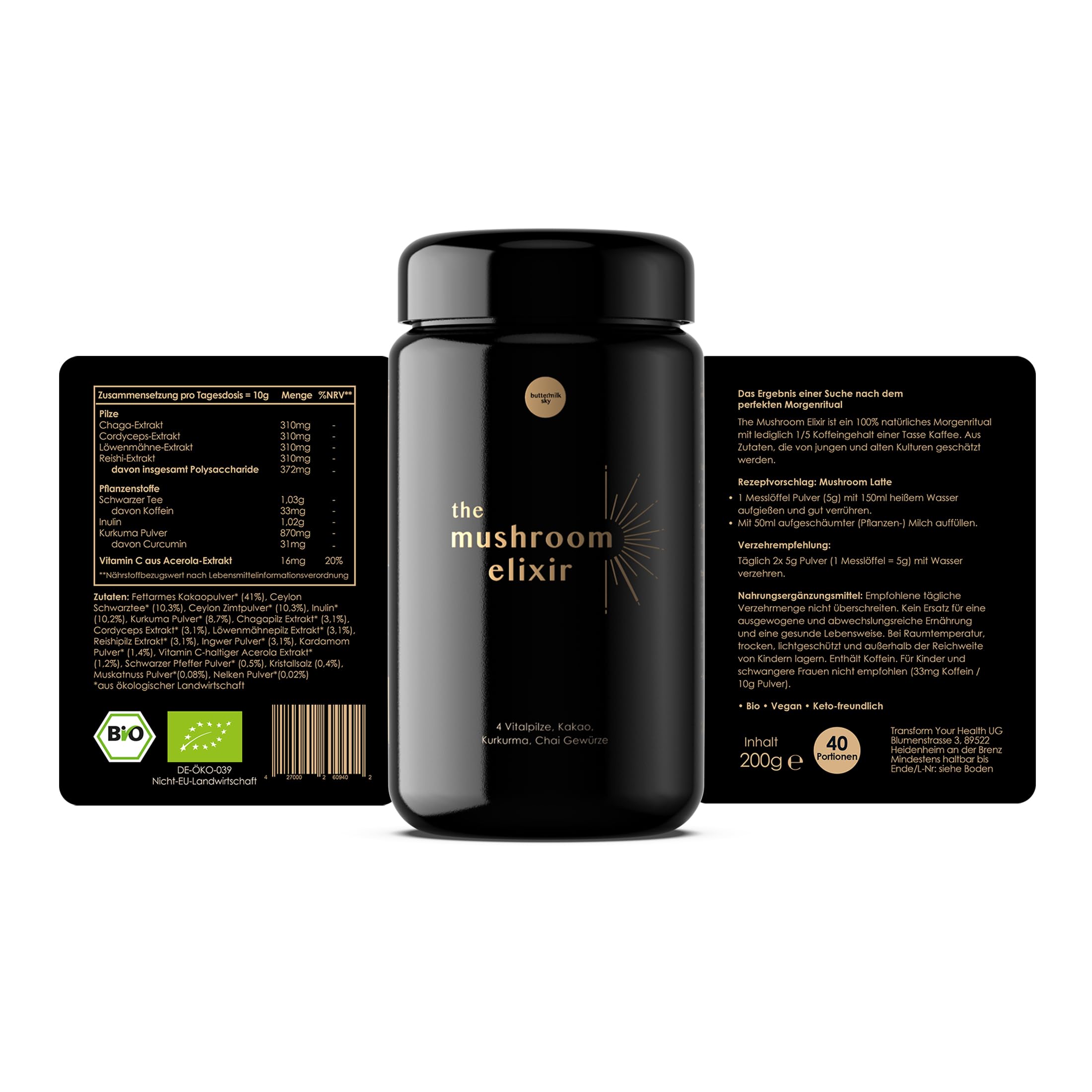 Bio Mushroom Coffee & Chai – Kaffee Alternative für Energie & Immunsystem – Mit Lions Mane (Löwenmähne), Chaga, Reishi & Cordyceps – Pilz Komplex mit Kakao & Kurkuma, 40 Port.