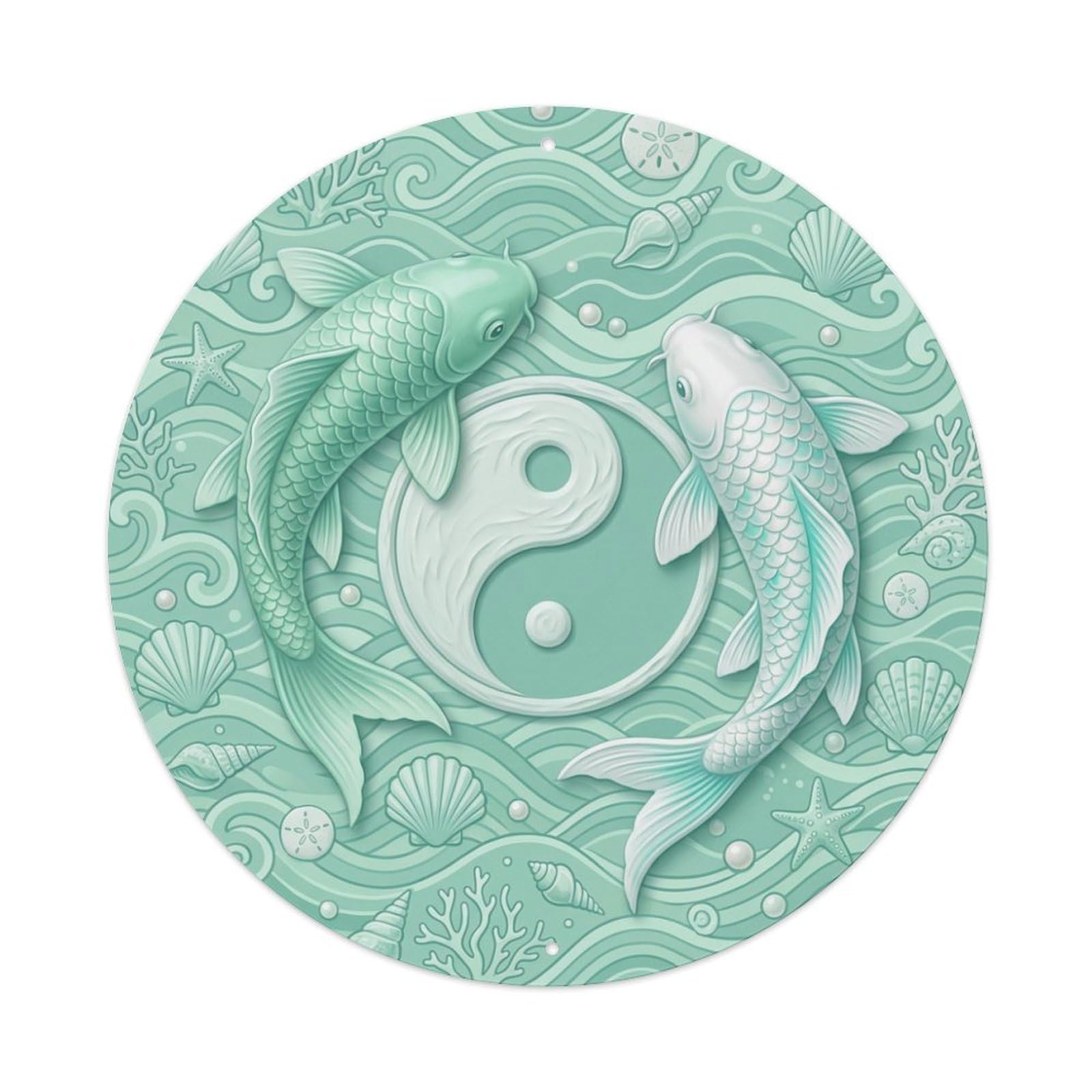 Metal Tin Sign Tai Chi Koi Fish Seafoam Green