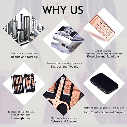 Miniatura 10 de Juego de manicura 10 en 1 de acero inoxidable, cortaúñas, tijeras y pedicura, kit de aseo portátil de viaje para hombres y mujeres con estuche de
