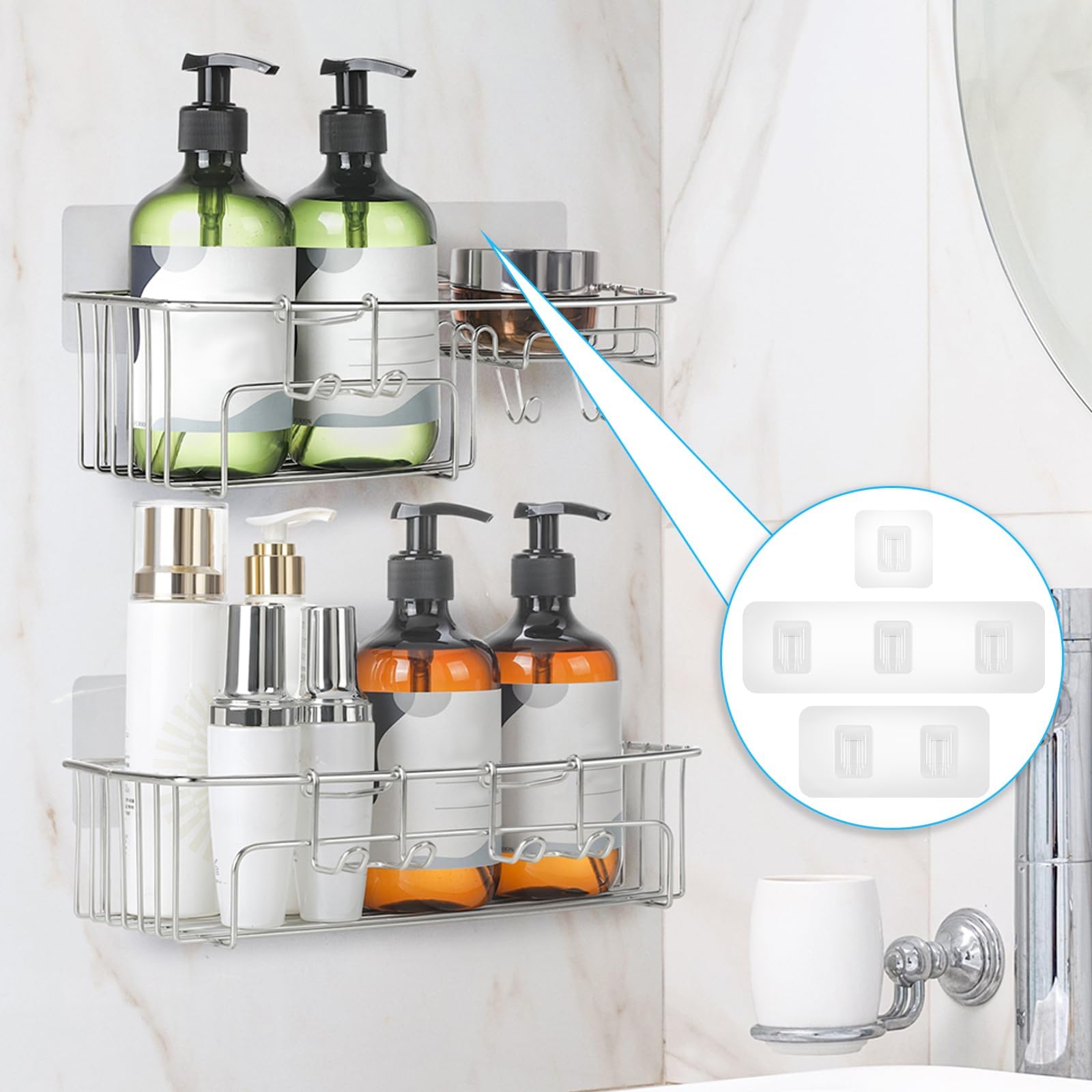 14 Ganci Adesivi Trasparenti Per Mensole Doccia - Ricambio Con Fibbie Singole, Doppie E Triple - Per Bagno, Cucina, Soggiorno, Senza Fori