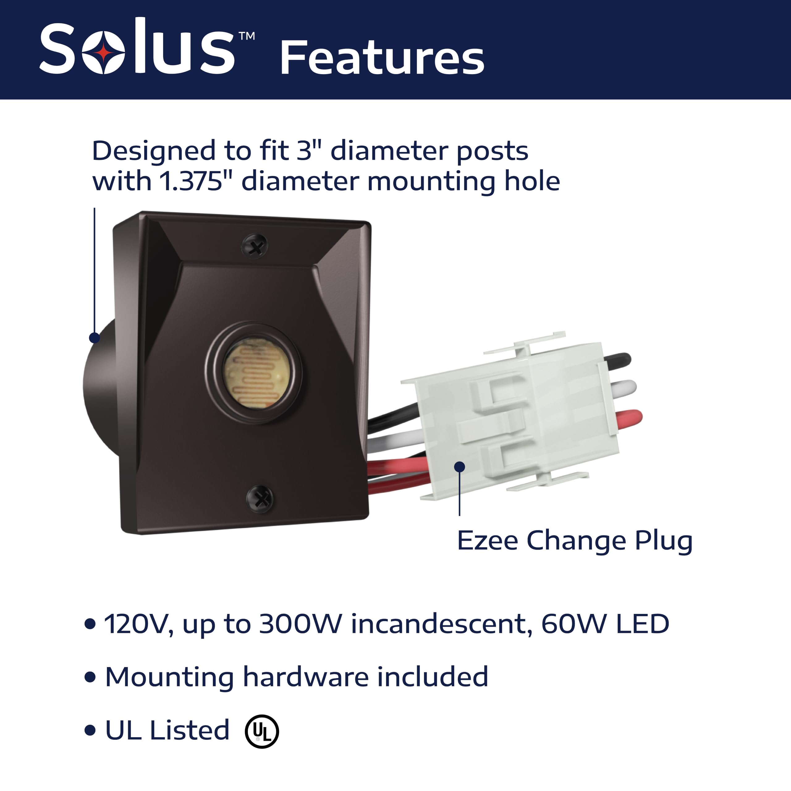 Solus SPC-320Z 120V Automatico Dusk to Dawn Fotocellula Controllo Foto, Sensore Luce Interruttore per Lampade Hardwire Outdoor con Ezee Change Plug, UL, Bronzo