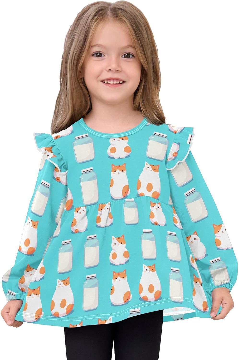 visesunny Toddler Clothes for Girls Blue Cat Bottle Long Sleeve Fall Shirts Cotton Top with Ruffle Collar