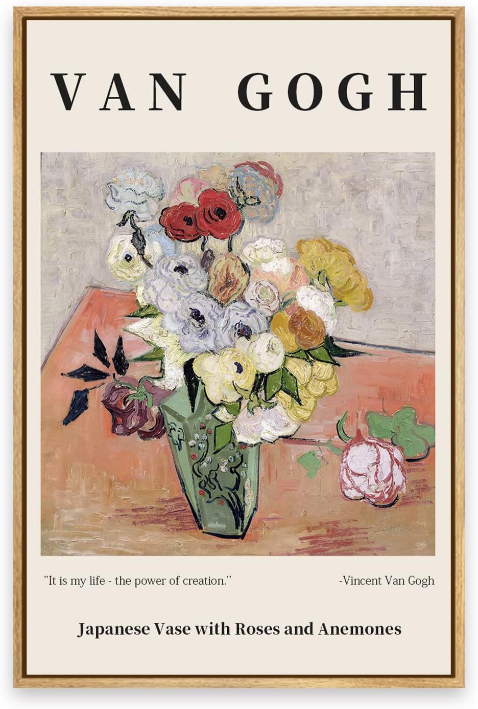 Reproductions of Van Gogh Paintings Japanese Vase with Roses and Anemones Canvas Wall Art for Living Room, Bed Room, Office Home Decoration 16x24in (Natural Framed)