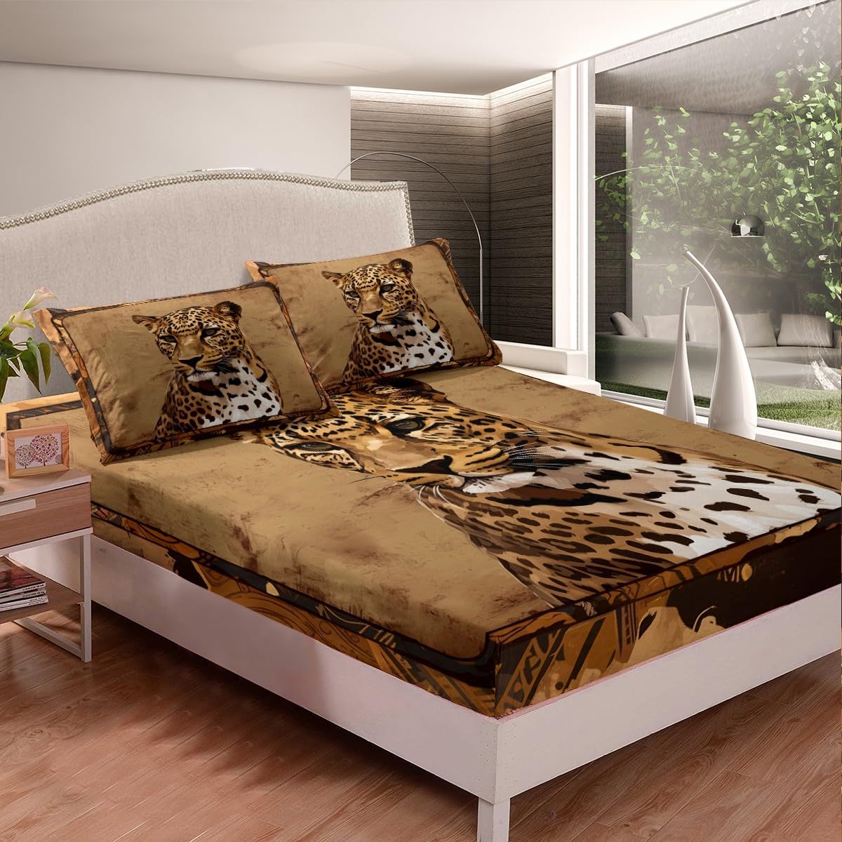 Wild Animals Full Size Fitted Sheet No Top Sheet,African Cheetah Wildlife 3 Pieces Kids Teenager Room Decor Leopard Pocket 2 Pillowcases
