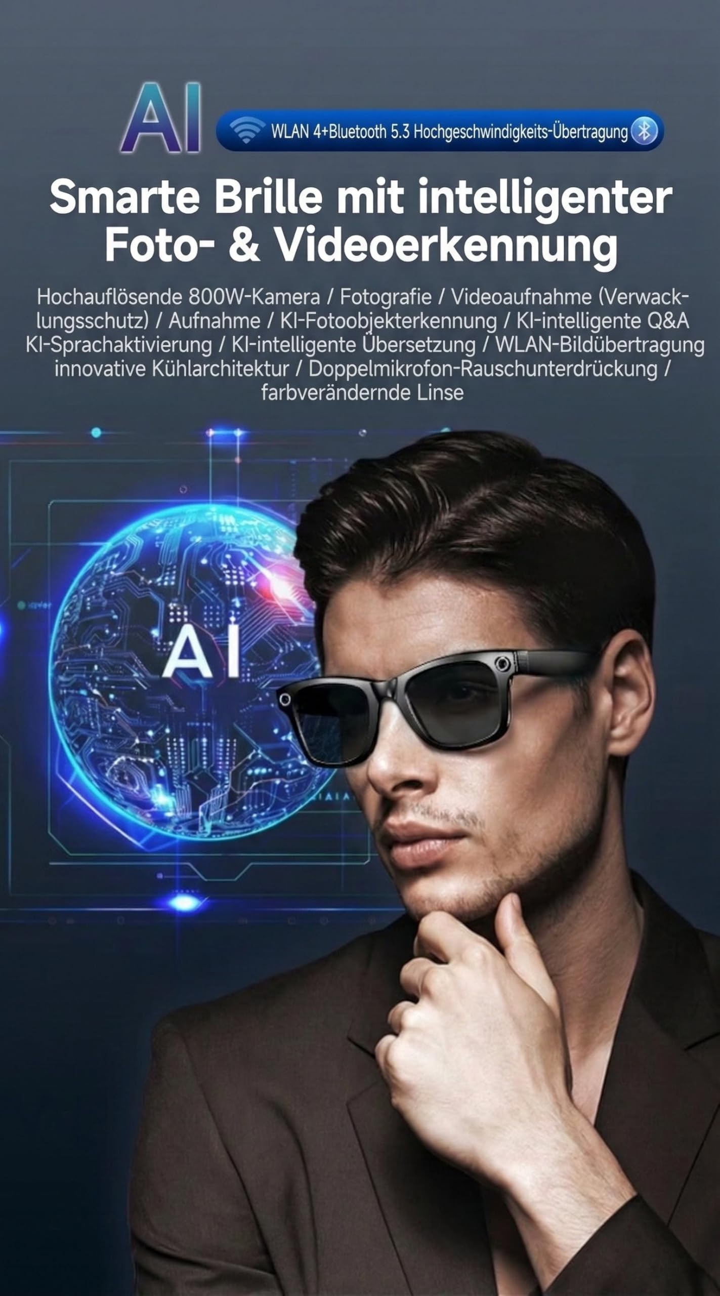 Smart Glasses con AI & Bluetooth, assistente vocale ChatGPT, protezione UV, Wi-Fi, traduzione in tempo reale in 89 lingue, fotocamera 2K, audio aperto, IP65 impermeabile, identificazione degli oggetti
