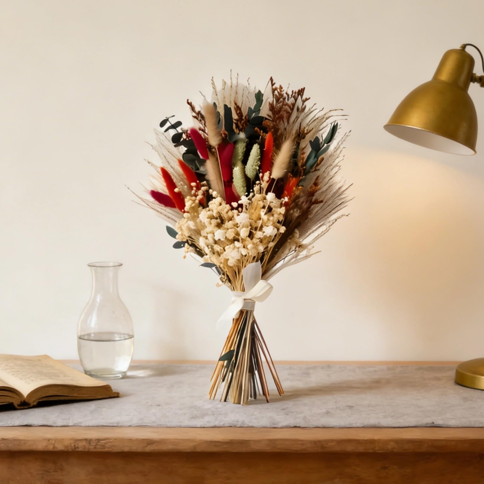 Bouquet de Fleurs séchées 55 pièces, 17 po, 43 cm, déco bohème en Herbes de Pampa, Fleurs séchées lagurus, Plantes variées, Tons terreux, avec Ruban et Emballage de Protection