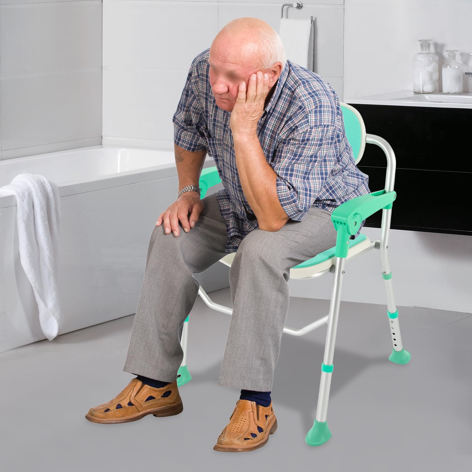 Silla de ducha con reposabrazos, asiento de ducha para personas mayores de hasta 150 kg, altura regulable (39-49 cm), silla de ducha con respaldo y reposabrazos, taburete de ducha para personas