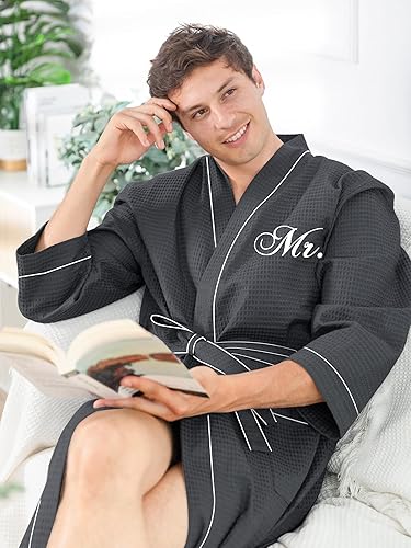 Miniatura 4 de AW BRIDAL Set de Batas de Tejido de Gofre Mr y Mrs para Regalos de Boda y Compromiso, Batas a juego para Aniversarios para Parejas, Mujeres y Hombres