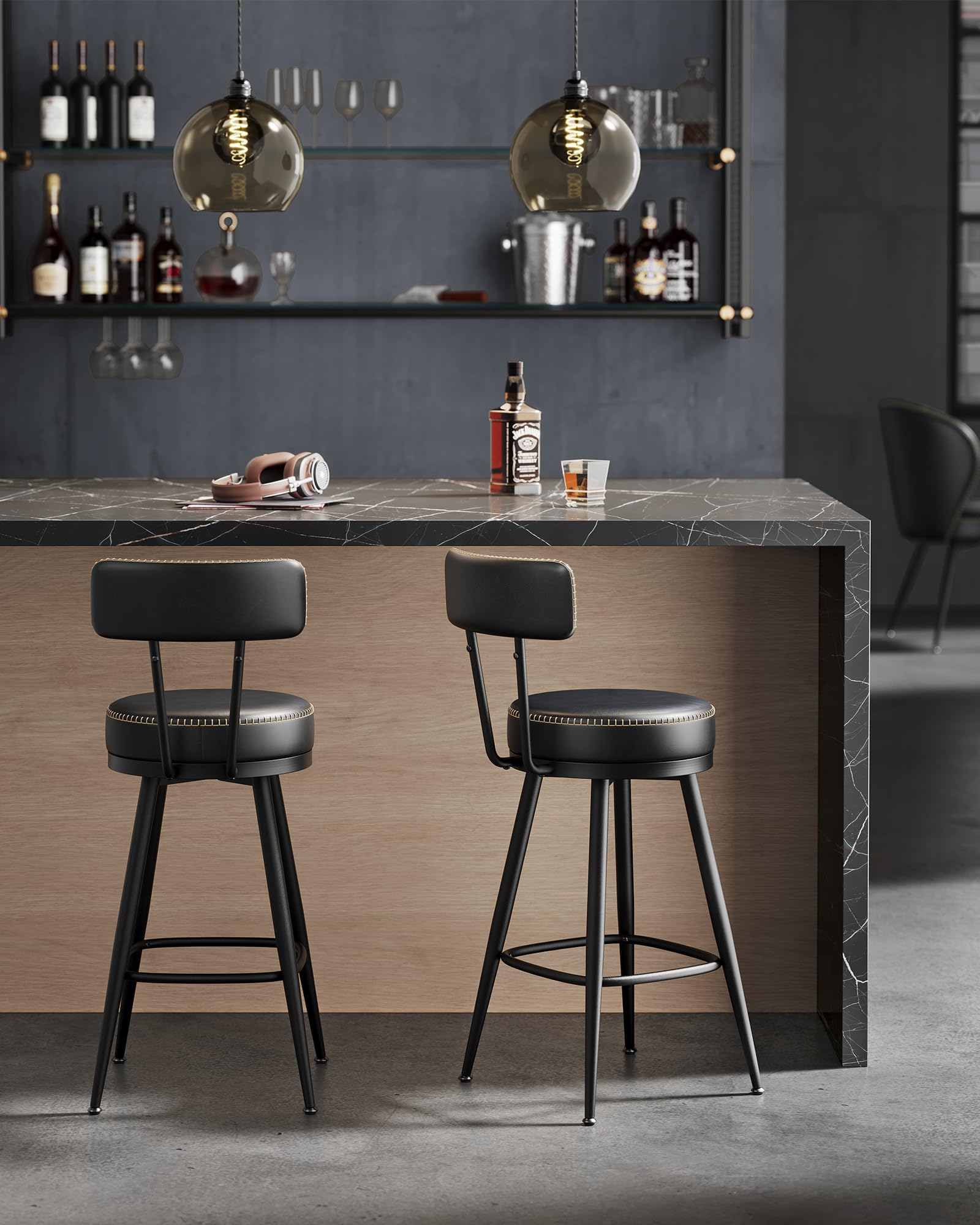 VASAGLE EKHO Collezione - Sgabelli Cucina Girevoli a 360° Set da 2, Sgabelli da Bar con Schienali, Rivestimento con Cucitura, Moderno di Metà Secolo, Altezza 65 cm, Nero Inchiostro LBC089B01