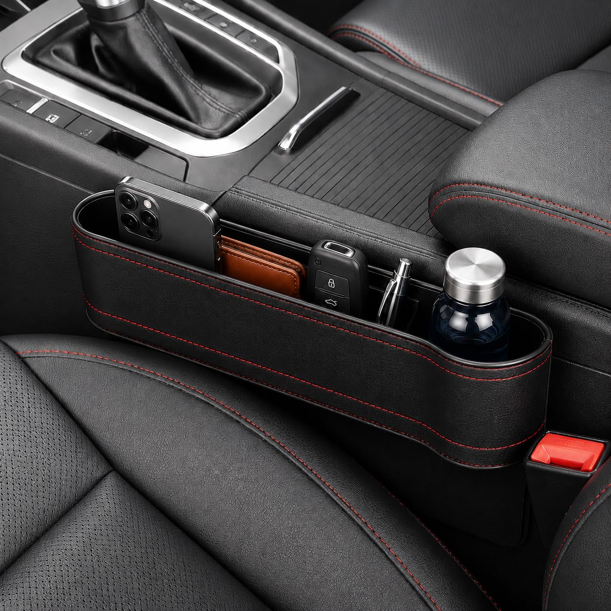 Car Seat Gap Filler Organizer, Car Seat Storage Box, Car Organiser and Storage Console Side Pocket for Phone, Wallet, Keys & Coins, Leather Finish Car Interior Organizer, Black-image-30