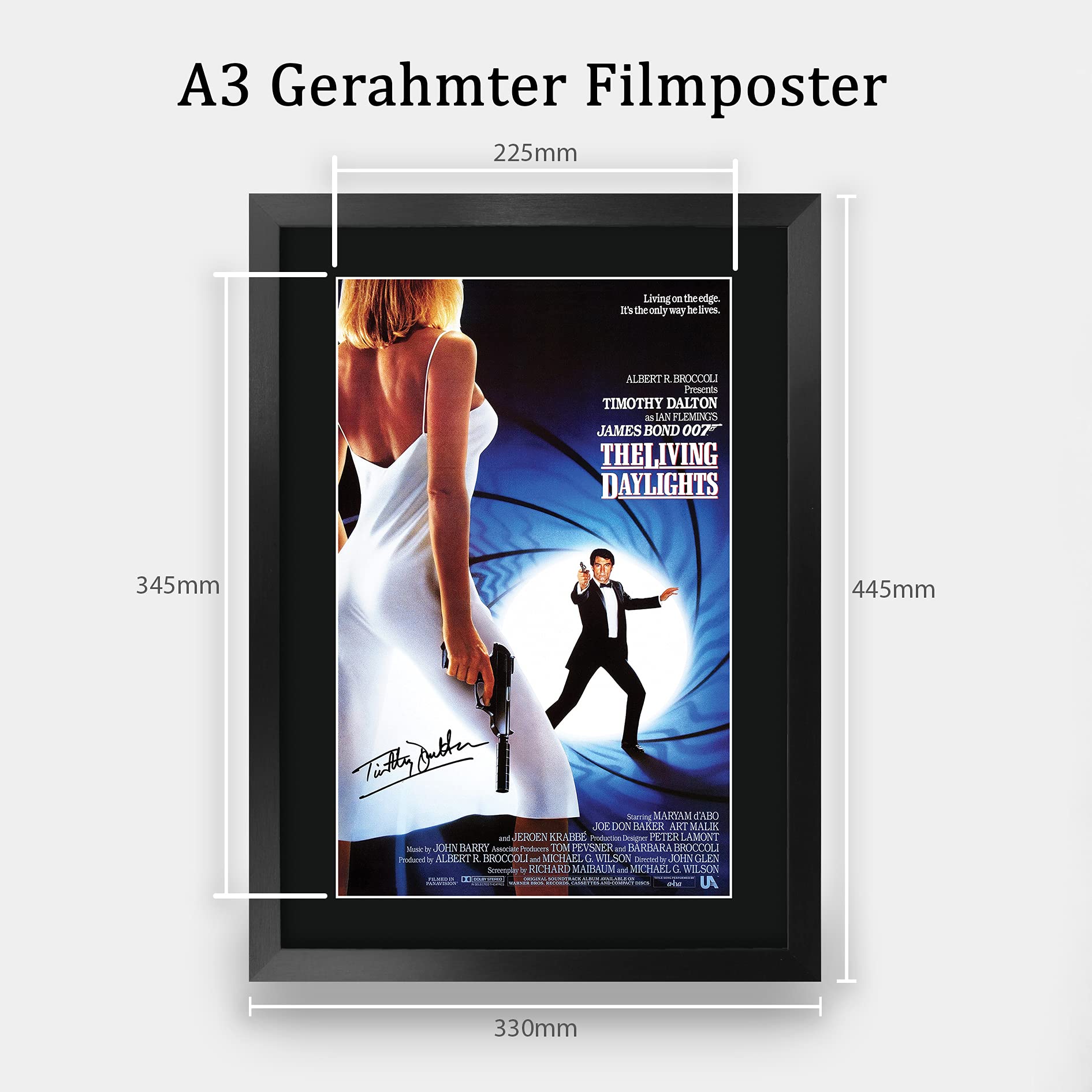 HWC Trading James Bond A3 FR - The Living Daylights Movie Poster Timothy Dalton Signed Geschenk GESTALTET A3 Printed Autogramm Film Geschenke drucken Fotobildanzeige