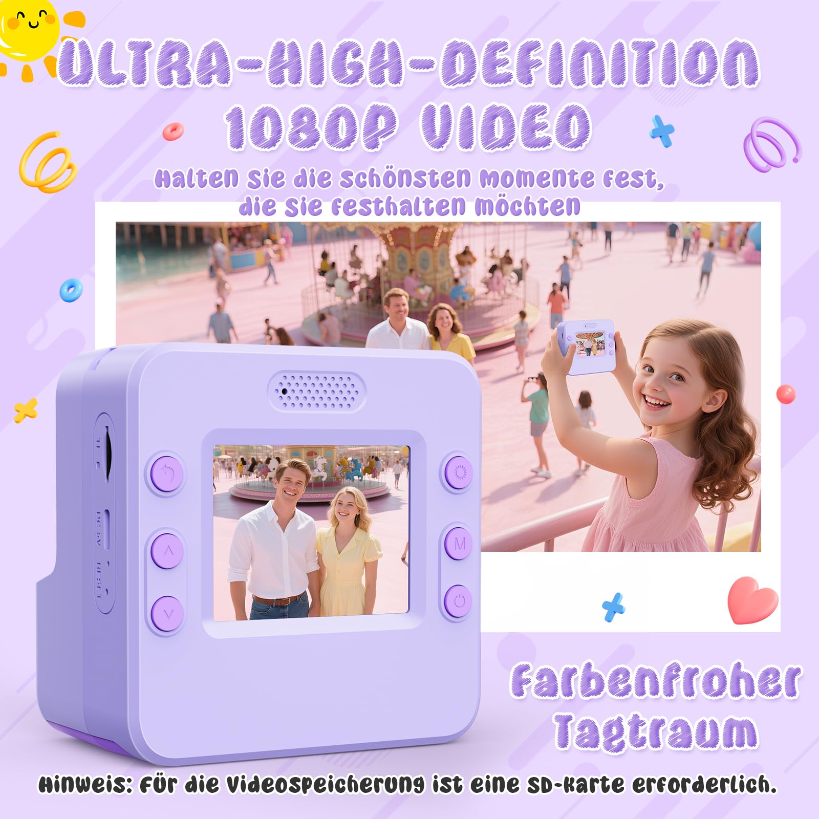 Kinderkamera, Sofortdruck-Spielzeug für Teenager-Mädchen: Flip-Up-Kameras, Geschenk für Mädchen im Alter von 3–16 Jahren (für Weihnachten oder Geburtstag), 1080P HD-Digitalvideo-Sofortdruckkameras mit