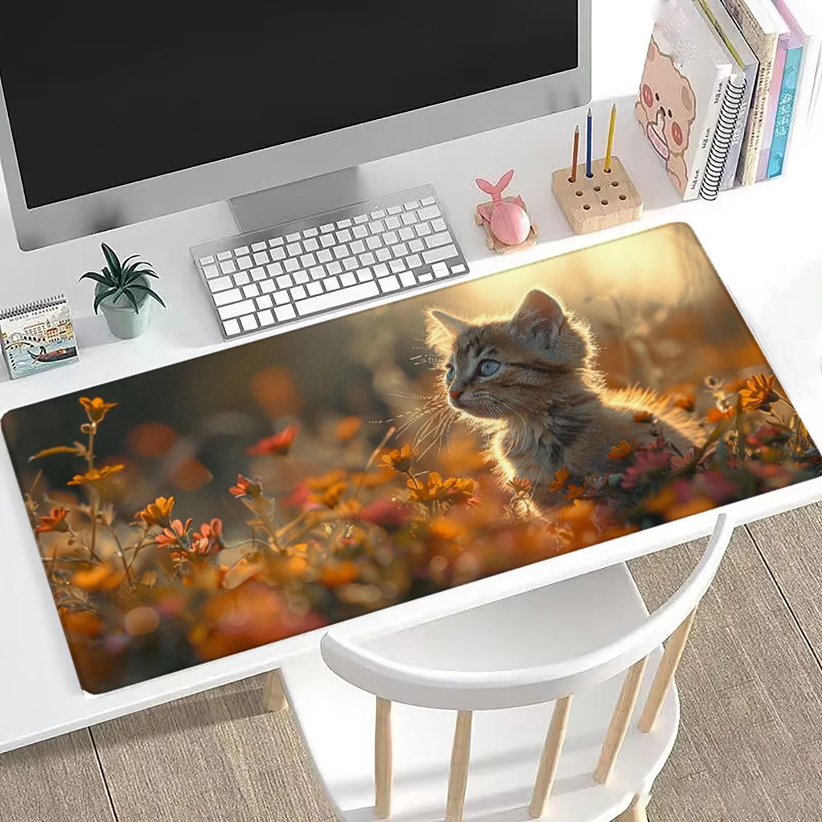 Gamingowa podkładka pod mysz z motywem kota, XXL, 120 x 60 cm, podkładka pod mysz, chryzantema (1), podkładka na biurko, zoptymalizowana precyzja i prędkość, wodoodporna, dla graczy, klawiatury i