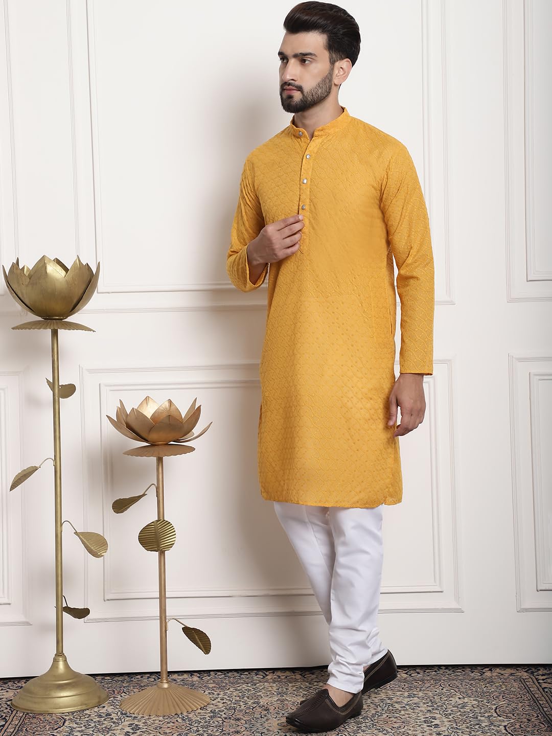 Sojanya (Since 1958 Men's Pure Cotton Mustard Embroidered Kurta With White Pyjama