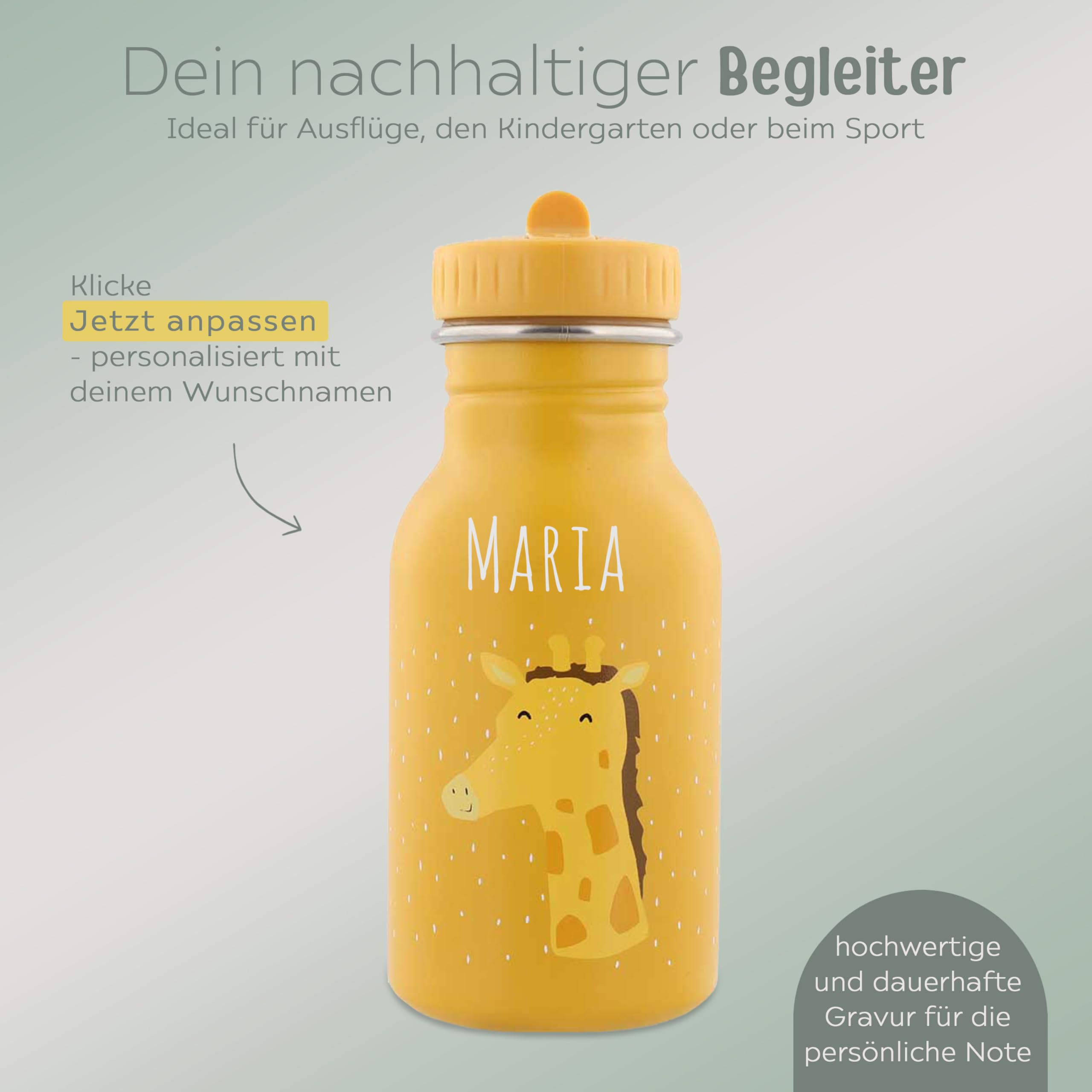 wunderwunsch Trinkflasche optional personalisiert für Kinder, Flasche personalisiert, Babyflasche, Kindertrinkflasche, Trixie Flasche mit individuellem Namen (Giraffe, 350ml)