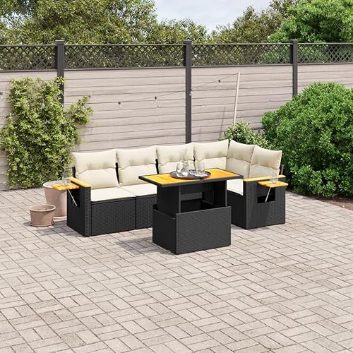 6-Piece Garden Sofa Set, Black Poly Rattan, Acacia Wood, Cream